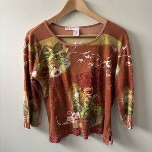 Y2K Floral Beaded Quarter Sleeve Top